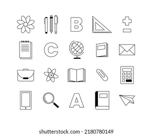 School supplies icon set, vector line art