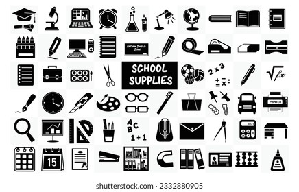 School supplies icon vector set. Back to school concept. Welcome back to school background. Learning and education concept. Flat vector in black isolated on white background.