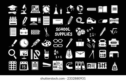 School supplies icon vector set. Back to school concept. Welcome back to school background. Learning and education concept. Flat vector in black isolated on white background.