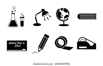 School supplies icon vector set. Back to school concept. Welcome back to school background. Learning and education concept. Flat vector in black isolated on white background.