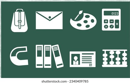 School supplies icon vector set. Back to school concept. Welcome back to school background. Learning and education concept. Flat vector in cartoon style isolated on green chalkboard background.