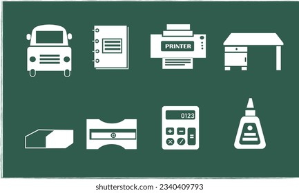 School supplies icon vector set. Back to school concept. Welcome back to school background. Learning and education concept. Flat vector in cartoon style isolated on green chalkboard background.