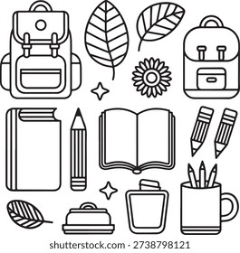 School Supplies Icons Bundle Backpack, Book, Pencil, Marker, Leaf, Flower, Sharpener Graphics
