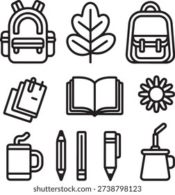 School Supplies Icons Bundle Backpack, Book, Pencil, Marker, Leaf, Flower, Sharpener Graphics
