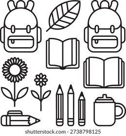 School Supplies Icons Bundle Backpack, Book, Pencil, Marker, Leaf, Flower, Sharpener Graphics
