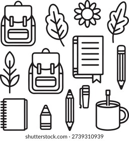 School Supplies Icons Bundle Backpack, Book, Pencil, Marker, Leaf, Flower, Sharpener Graphics
