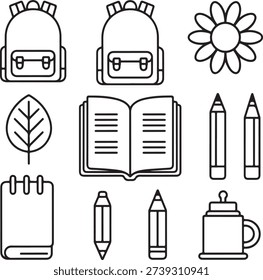 School Supplies Icons Bundle Backpack, Book, Pencil, Marker, Leaf, Flower, Sharpener Graphics
