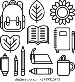 School Supplies Icons Bundle Backpack, Book, Pencil, Marker, Leaf, Flower, Sharpener Graphics
