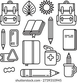 School Supplies Icons Bundle Backpack, Book, Pencil, Marker, Leaf, Flower, Sharpener Graphics
