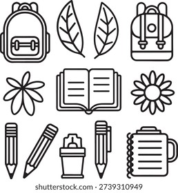 School Supplies Icons Bundle Backpack, Book, Pencil, Marker, Leaf, Flower, Sharpener Graphics
