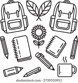 School Supplies Icons Bundle Backpack, Book, Pencil, Marker, Leaf, Flower, Sharpener Graphics
