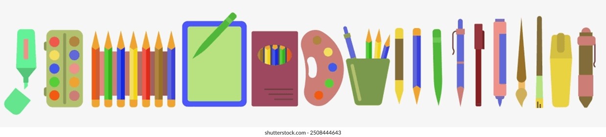 School supplies icons. Colored school icons. School education. EPS 10.