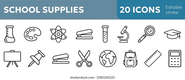 school supplies icons including pencil, backpack, globe, calculator, ruler, microscope, graduation cap, book, scissors, atom model