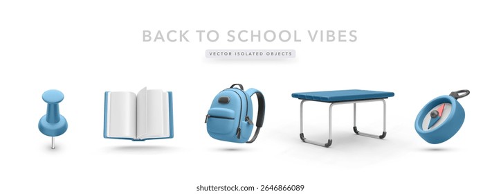 School Supplies Icons Including Push Pin, Open Book, Backpack, Desk, and Compass in Clean 3D Style. Perfect for Education, Back to School, or Student Life Projects. Vector Illustration.