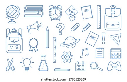 School supplies icons isolated on white background. Blue line design. Vector illustration