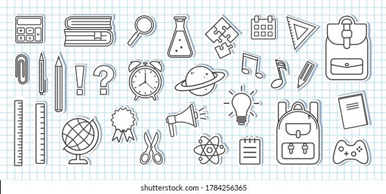 School supplies icons. Paper stickers on sheet of school checkered notebook. Black and white design. Vector illustration