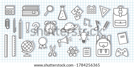 School supplies icons. Paper stickers on sheet of school checkered notebook. Black and white design. Vector illustration