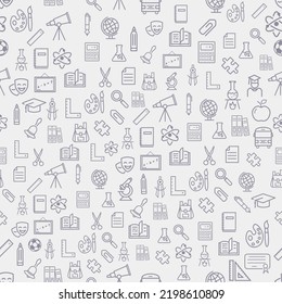 School supplies, icons seamless pattern. Back to school concept. Vector Illustration