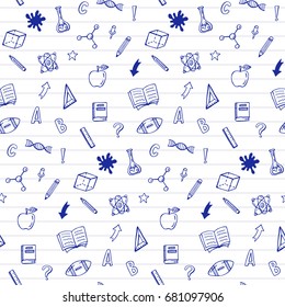 School supplies icons seamless pattern. Hand drawn ink doodles. Vector illustration.