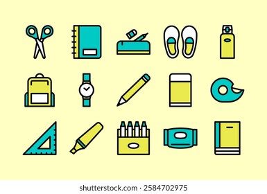 School supplies icons set. Outline color vector illustration icons collection. 