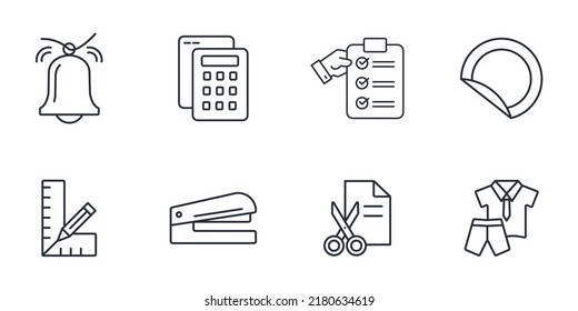 íconos de suministros escolares configurados. material escolar empaca símbolos vectores para web infográfica