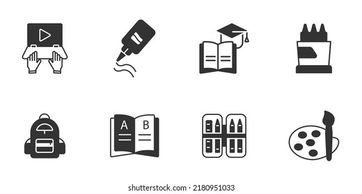 íconos de suministros escolares configurados. material escolar empaca símbolos vectores para web infográfica