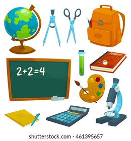 School supplies icons set. Schoolboard, globe, chalk, backpack, book, textbook, pen, calculator, microscope scissors dividers test-tube watercolor palette Lessons stationery vector elements