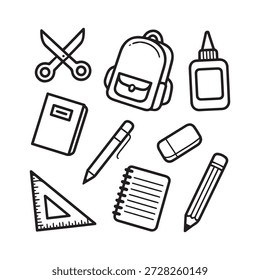 Ilustración de útiles escolares con mochila, lápices de cuaderno y otros elementos esenciales