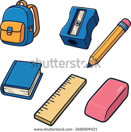 School supplies illustration set with backpack, pencil, book, ruler, eraser and sharpener. Educational and stationery concept for students, learning and classroom materials.