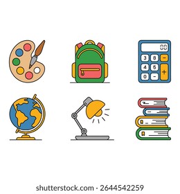 School supplies including art palette backpack and calculator isolated
