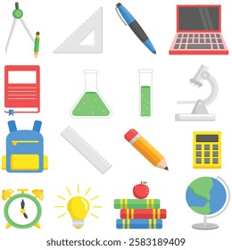 School supplies including a compass, ruler, laptop, books, backpack, and more. Suitable for educational concepts, backtoschool designs, and office themes.