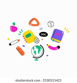 School supplies including globe, notebook, pencil, ruler, and apple in flat vector illustration symbolizing education, learning, and academic tools, isolated on white background.