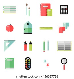 School supplies isolated icons on white background. School books, backpack,
pencil, ruler notebook, paint, pen, marker, calculator, magnifier, apple. Education tools. Flat style vector illustration.