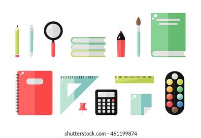 School supplies isolated icons on white background. School books, pencil, ruler, notebook, paint, pen, marker, calculator, magnifier. Education tools. Flat style vector illustration.