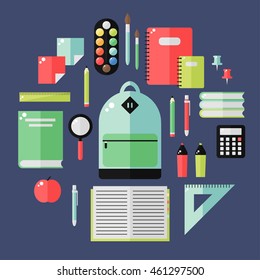 School supplies isolated icons on white background. School books, backpack, pencil, ruler, notebook, paint, pen, marker, calculator, magnifier, apple. Education tools. Flat style vector illustration.