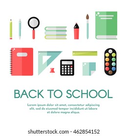 School supplies isolated icons on white background. School books, pencil, ruler, notebook, paint, pen, marker, calculator, magnifier. Education tools. Flat style vector illustration.