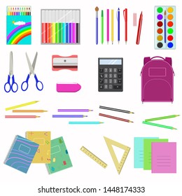 School supplies isolated image on white background. Sharpener, notebooks, markers, scissors, eraser, calculator, paints, box of paints, pencils, pens, school satchel isolated vector image