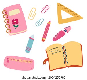 School supplies and items. Office supplies: notepad, book, pencil, case, pencil, paper, clips, ruler, marker, chalk. Accessories for the workspace for education. Back to school. Vector illustration