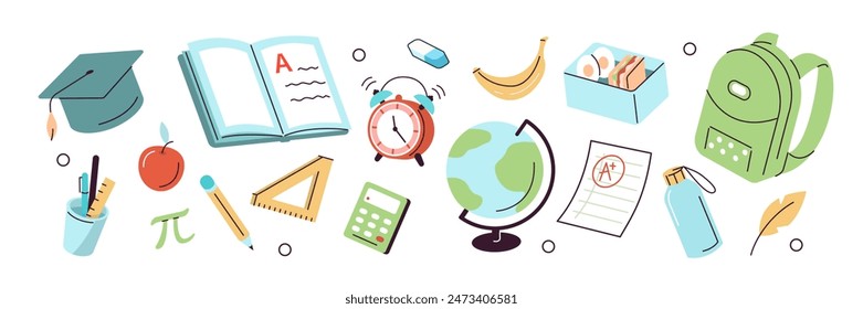 School supplies items set. Backpack, lunchbox, pens, pencil and other education thinks for kids. Modern cartoon concept. Vector illustration.