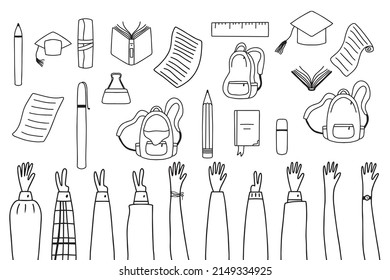 School supplies and items set isolated on white background. Back to school . Education workspace accessories. Vector illustration.Doodle style. Hands up.
