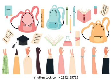 School supplies and items set isolated on white background. Back to school . Education workspace accessories. Vector illustration.Hands up.