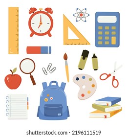 School supplies and items set isolated on white background. Back to school elements. Education accessories. Vector illustration cartoon flat style
