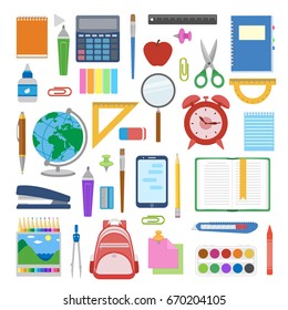 School supplies and items set isolated on white background. Back to school equipment. Education workspace accessories. Infographic elements. Vector illustration.