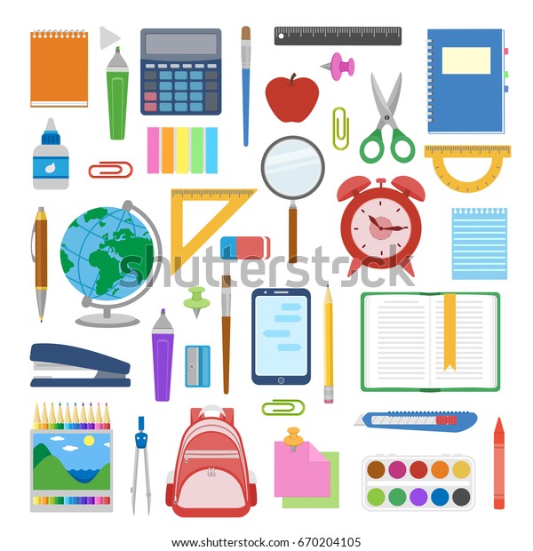 School Supplies Items Set Isolated On Stock Vector (Royalty Free ...