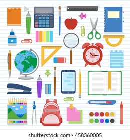 School supplies and items set on a sheet in a line. Back to school equipment. Education workspace accessories on white background. Infographic elements. Vector illustration.