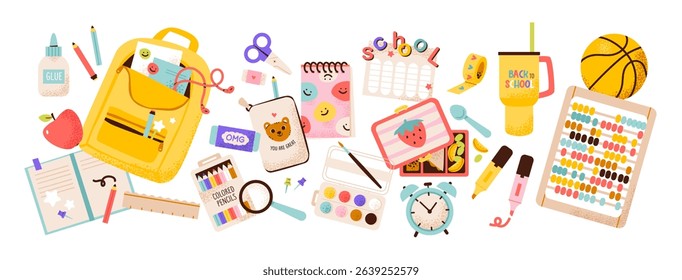 School supplies for kids. Backpack, stationery, and classroom items. Education, back to school, and learning themes. Modern flat vector illustration school accessory set.