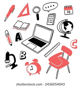 School supplies with laptop. Hand drawing vector illustration doodle style.