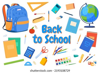 School supplies for learning. A backpack with items for study. Back to school. Vector illustration