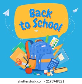 School supplies for learning. A backpack with items for study. Back to school. Vector illustration