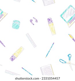 School supplies learning education coloring pencils style seamless pattern vector